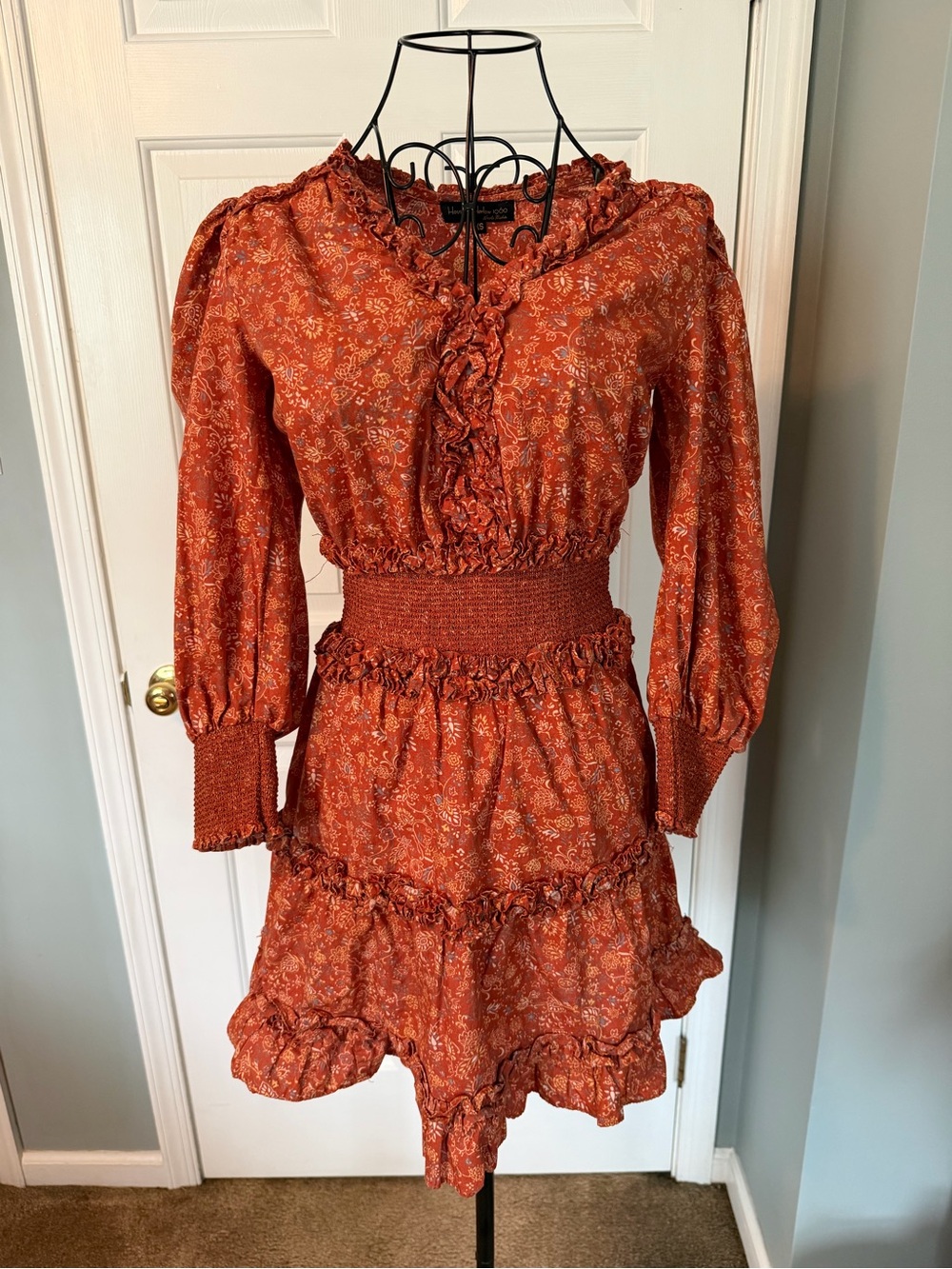 HOUSE OF HARLOW 1960 x Nicole Richie Rust Floral Ruffle Tiered Mini Dress XS